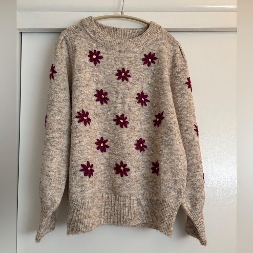FRNCH Cream and Burgundy Crew Neck Sweater with Textured Knit (NWOT)